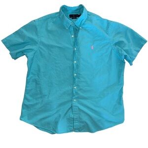 Polo Ralph Lauren XXL short sleeve button up turquoise blue with pink detail